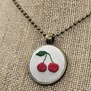 Cherry Necklace - Hand Embroidered - Bronze Pendant - Handmade