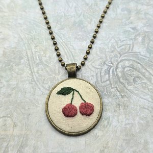Cherry Necklace - Hand Embroidered - Bronze Pendant - Handmade