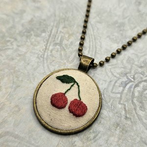Cherry Necklace - Hand Embroidered - Bronze Pendant - Handmade