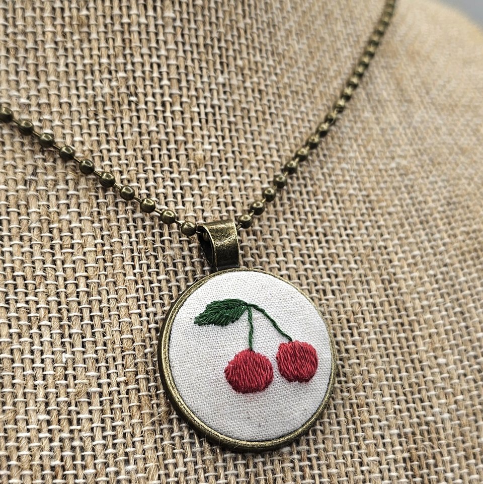 Cherry Necklace - Hand Embroidered - Bronze Pendant - Handmade