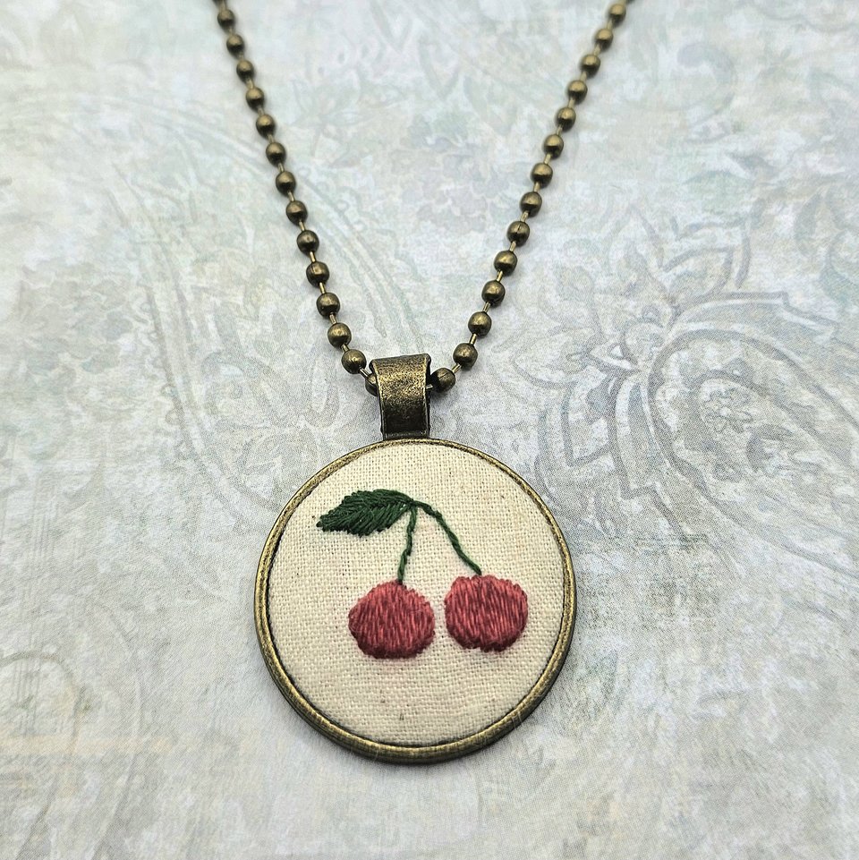 Cherry Necklace - Hand Embroidered - Bronze Pendant - Handmade