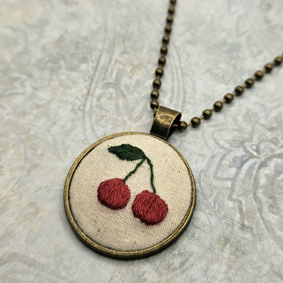 Cherry Necklace - Hand Embroidered - Bronze Pendant - Handmade